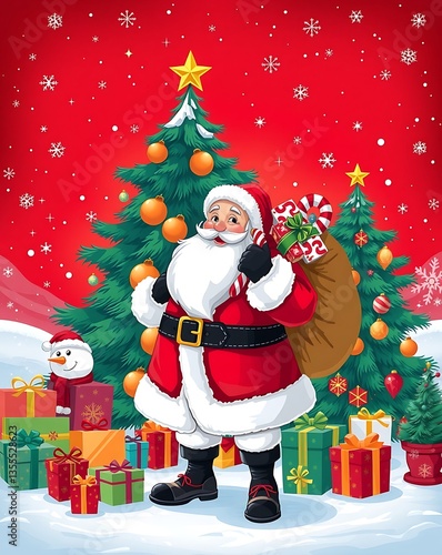 Santa Claus Holding Gifts in Front of a Christmas Tree - Festive Holiday Art, Santa Claus with Gifts, Christmas Celebration Scene, Festive Holiday Illustration, Magical Christmas Scene Santa 8K HD