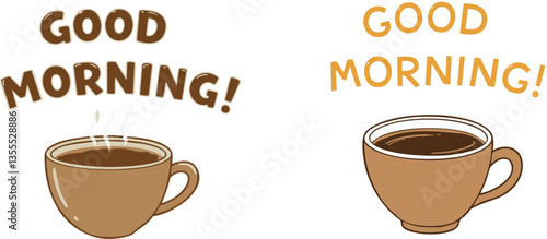Two cute coffee cup illustrations paired with a friendly good morning message set a cheerful mood Great for greeting cards or social media posts.