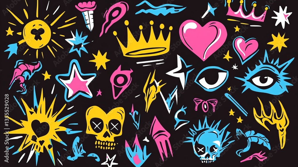 A collection of punk and rock style crayon-drawn shapes, featuring colorful graffiti doodle figures. Includes lightnings, crowns, burning hearts, stars, and eyes. A collection of punk and rock style crayon-drawn shapes, featuring colorful graffiti doodle figures. Includes lightnings, crowns, burning hearts, stars, and eyes.