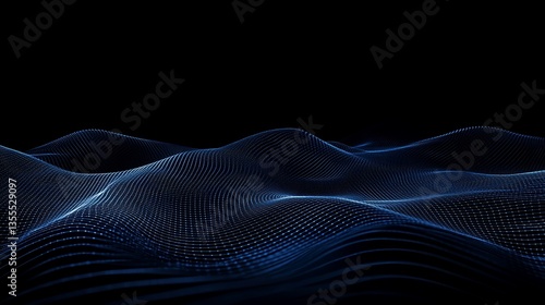 Abstract digital landscape with blue mesh grid on a black background forming a 3D wave
