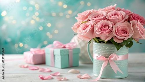 Elegant Pink Roses and Gift Boxes – Romantic Floral Decor for Special Occasions