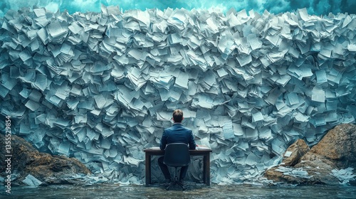 Man overwhelmed by massive paperwork wall