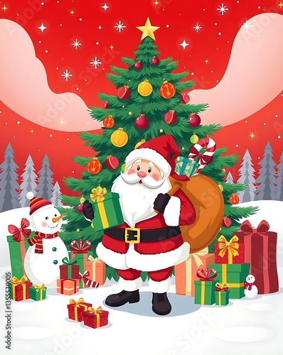 Santa Claus Holding Gifts in Front of a Christmas Tree - Festive Holiday Art, Santa Claus with Gifts, Christmas Celebration Scene, Festive Holiday Illustration, Magical Christmas Scene Santa 8K HD
