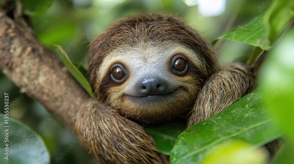 Baby sloth clinging to tree branch in jungle foliage Baby sloth clinging to tree branch in jungle foliage