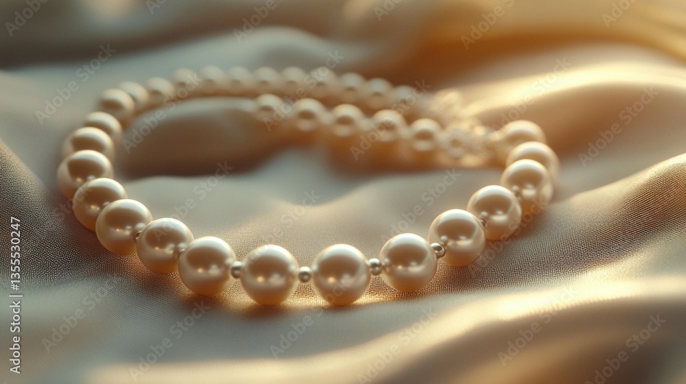 Elegant pearl necklace on soft silk fabric, illuminated by warm light. Elegant pearl necklace on soft silk fabric, illuminated by warm light.
