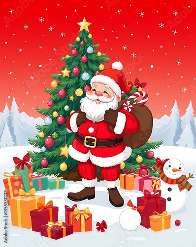 Santa Claus Holding Gifts in Front of a Christmas Tree - Festive Holiday Art, Santa Claus with Gifts, Christmas Celebration Scene, Festive Holiday Illustration, Magical Christmas Scene Santa 8K HD