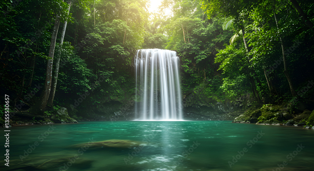 Waterfall Cascading into Emerald Pool Surrounded by Lush Green Forest Waterfall Cascading into Emerald Pool Surrounded by Lush Green Forest