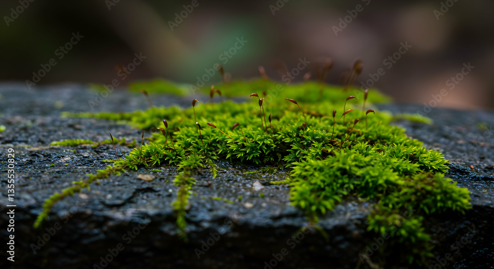 Close Up of Bright Green Moss Growing on a Dark Rock Close Up of Bright Green Moss Growing on a Dark Rock