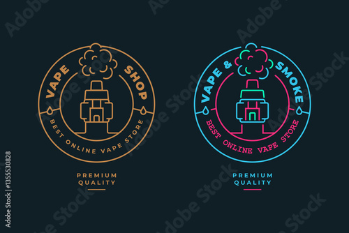 Vape Shop vintage emblem gold and neon colors. Vaping store signs. Electronic cigarette vector