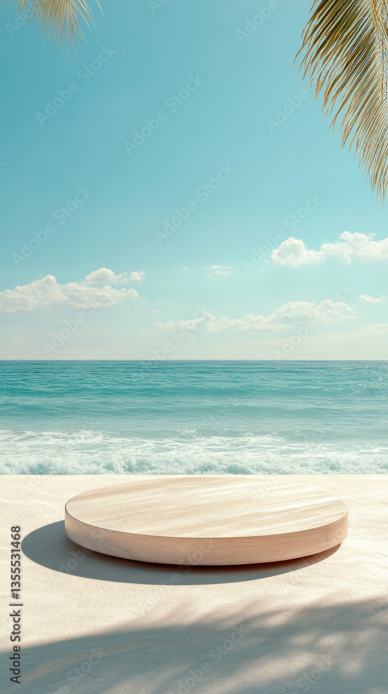 Obraz premium Beach scene with round wooden podium against sea background for product display or advertising; tropical getaway concept.