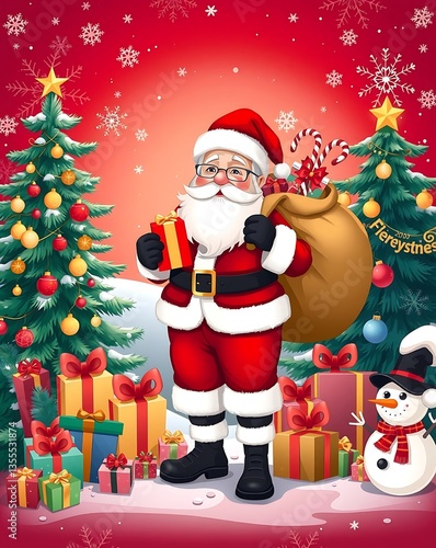 Santa Claus Holding Gifts in Front of a Christmas Tree - Festive Holiday Art, Santa Claus with Gifts, Christmas Celebration Scene, Festive Holiday Illustration, Magical Christmas Scene Santa 8K HD