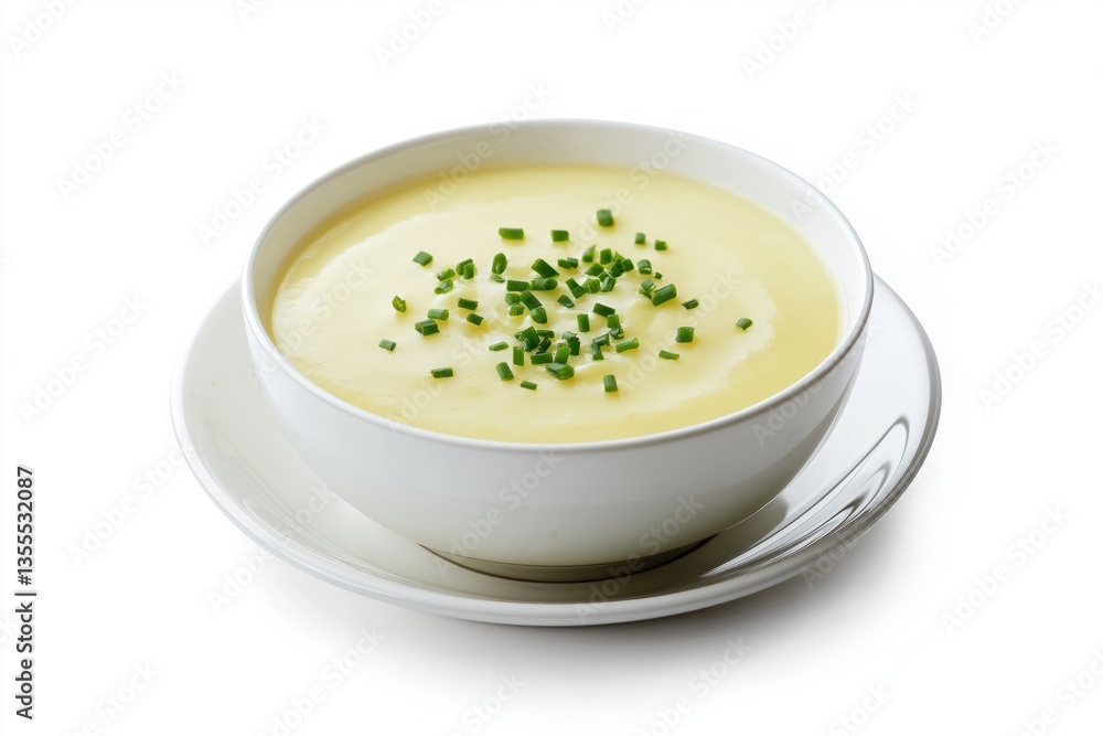 Creamy potato leek soup garnished with chives in a white bowl Creamy potato leek soup garnished with chives in a white bowl