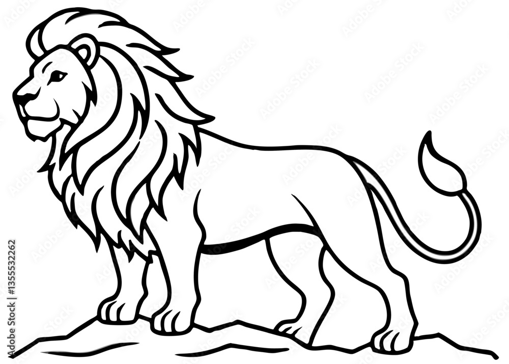 Fototapeta premium Majestic Lion Illustration: A bold, black and white illustration of a powerful lion standing proudly, showcasing its magnificent mane and regal presence.