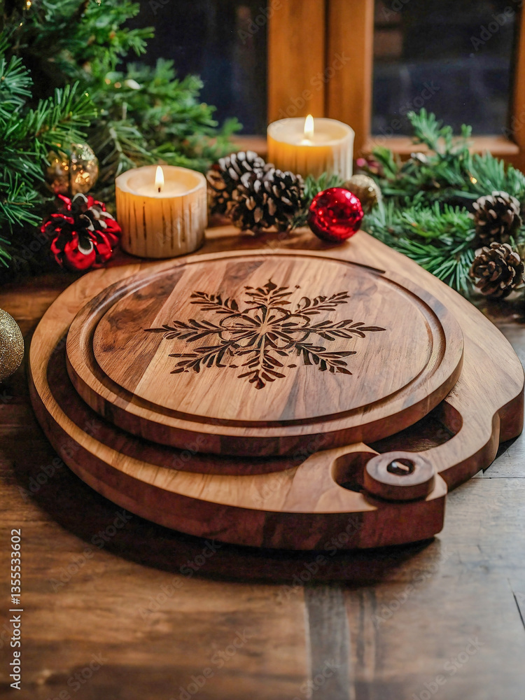 Festive Christmas-themed wooden cutting board with holiday decorations in a kitchen setting