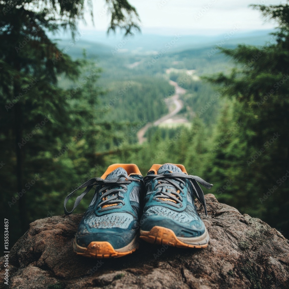 Hiking Shoes Resting on a Rock Overlooking a Scenic Landscape Hiking Shoes Resting on a Rock Overlooking a Scenic Landscape