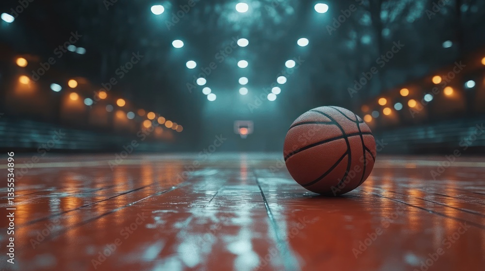 Basketball on court in empty arena at night under lights Basketball on court in empty arena at night under lights