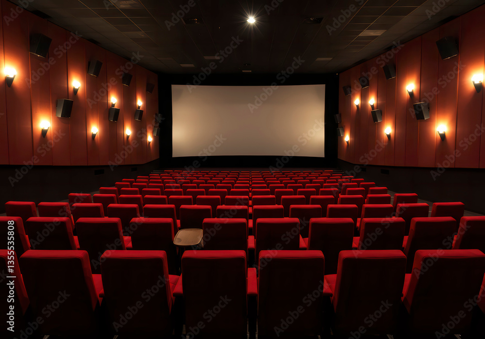 Fototapeta premium Dark empty cinema theater with blank screen, ready for movie projection