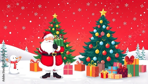 Santa Claus Holding Gifts in Front of a Christmas Tree - Festive Holiday Art, Santa Claus with Gifts, Christmas Celebration Scene, Festive Holiday Illustration, Magical Christmas Scene Santa 8K HD