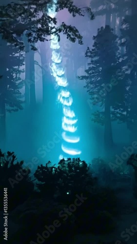 vertical 9:16 A surreal enchanted forest with bioluminescent mushrooms glowing in blues and purples, casting an eerie, magical light