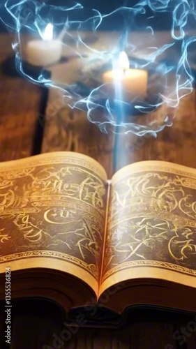 vertical 9:16 An ancient spellbook on an old wooden table, glowing runes floating above the pages, surrounded by flickering candlelight