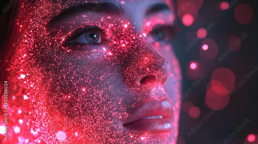 A portrait of a person's face covered in shimmering red particles. This image evokes a sense of mystery science fiction or advanced technology. A portrait of a person's face covered in shimmering red particles. This image evokes a sense of mystery science fiction or advanced technology.