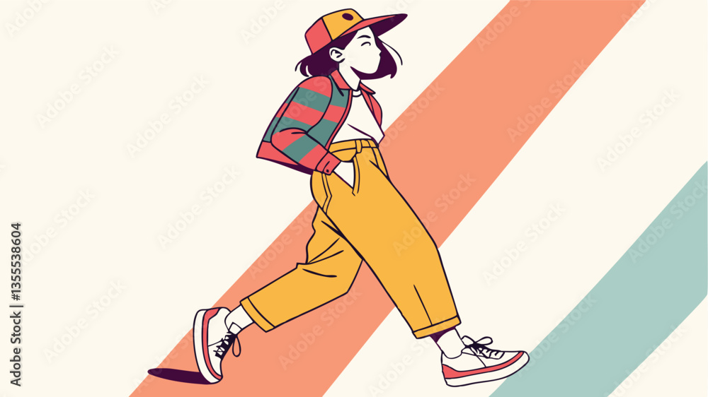 Stylish girl walking confidently with a modern outfit and hat in a vibrant, minimal vector illustration Stylish girl walking confidently with a modern outfit and hat in a vibrant, minimal vector illustration