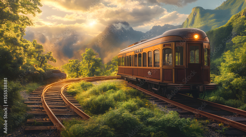 Fototapeta premium Nostalgic Vintage Railcar Amidst Lush Landscape Invokes Sense of Timeless Adventure and History