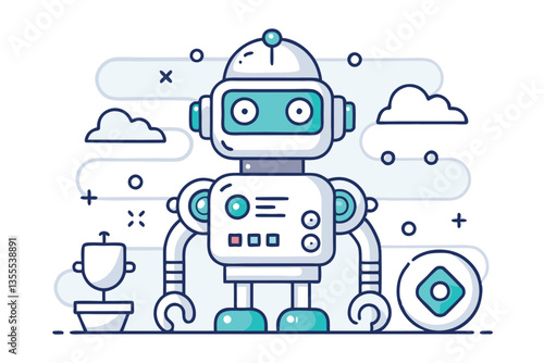 Friendly robot character designed in a minimal vector style, blending technology with nature in a whimsical setting