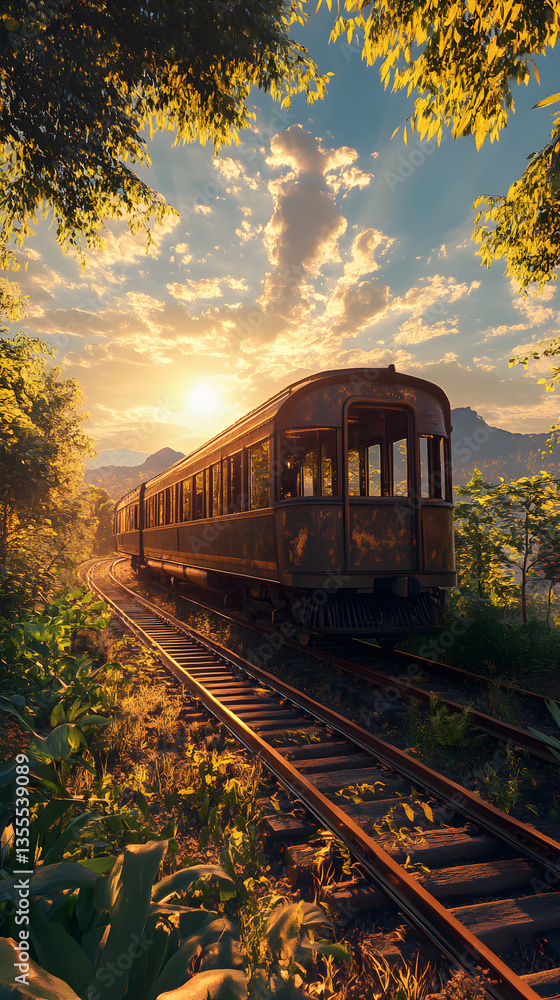 Fototapeta premium Nostalgic Vintage Railcar Amidst Lush Landscape Invokes Sense of Timeless Adventure and History