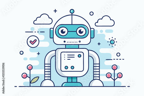 Friendly robot character designed in a minimal vector style, blending technology with nature in a whimsical setting