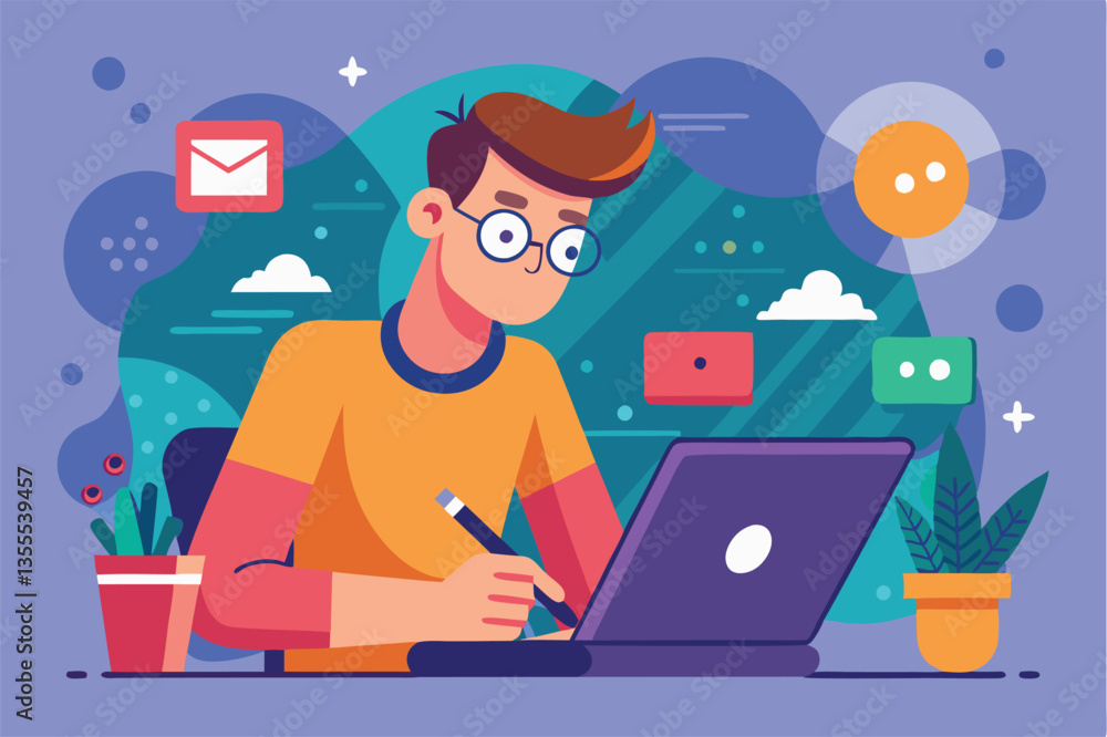 Creative individual engaging in digital note-taking at a modern workspace with vibrant colors and minimalistic design Creative individual engaging in digital note-taking at a modern workspace with vibrant colors and minimalistic design