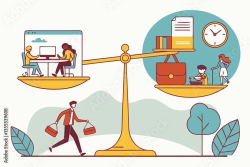 Balancing work and life illustrated through minimal vector art featuring figures and a scale at a scenic location