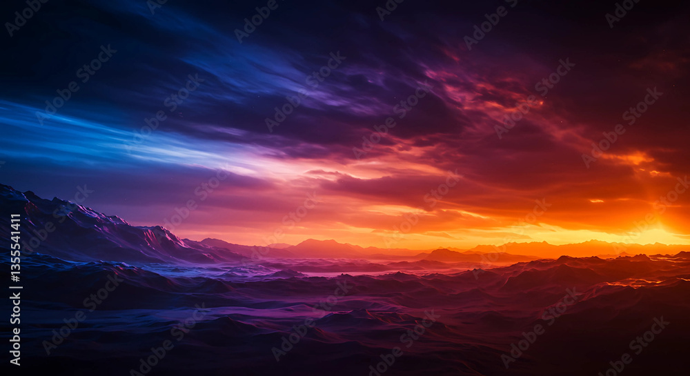 Obraz premium Landscape with mountains and dramatic colorful sunset sky