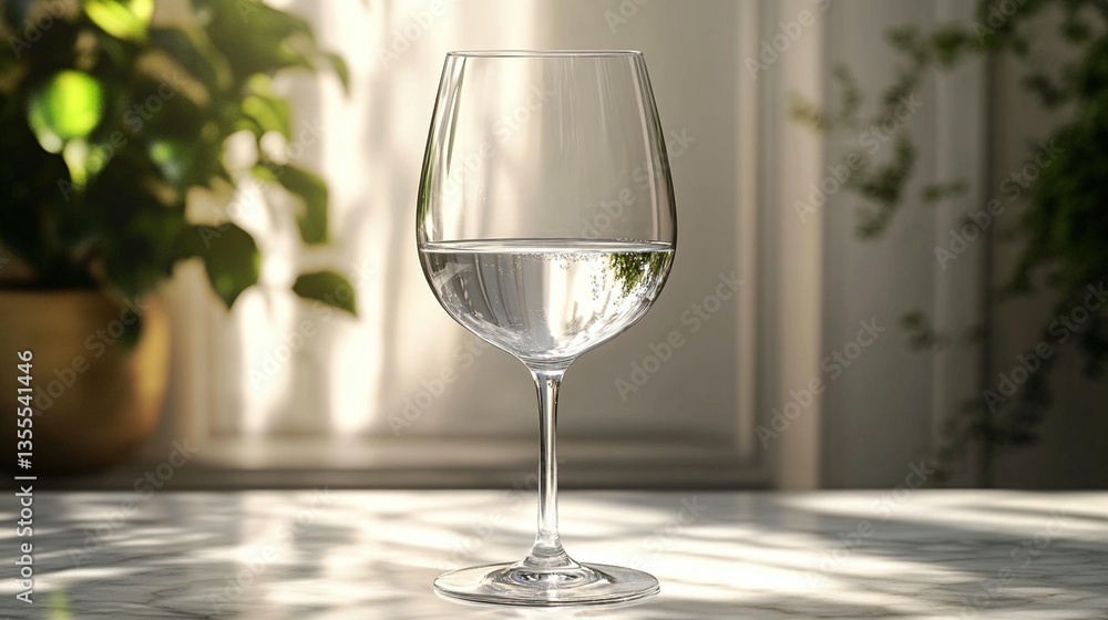 Glass of water on marble table in sunlit room. Glass of water on marble table in sunlit room.