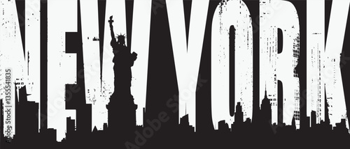 Vector monochrome banner or poster with American Statue of Liberty against the background of New York skyscrapers silhouettes. Landmark inscription. T-shirt design, leaflet, tourist booklet, postcard