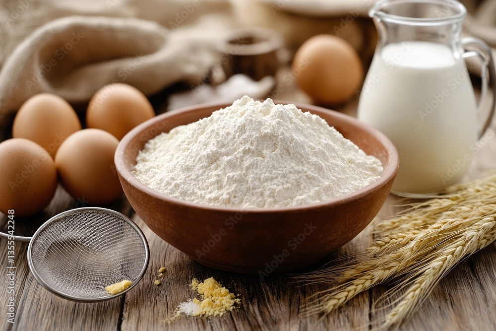 Organic Baking Ingredients and Utensils for Homemade Rustic Pancakes: Flour, Eggs, and Milk Featured on a Wholesome Farmhouse Kitchen Table Organic Baking Ingredients and Utensils for Homemade Rustic Pancakes: Flour, Eggs, and Milk Featured on a Wholesome Farmhouse Kitchen Table