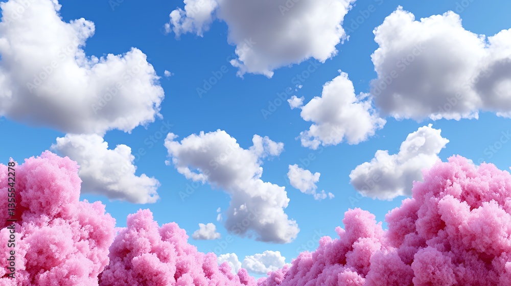 Fototapeta premium Pink Cherry Blossoms and Fluffy White Clouds in a Blue Sky Nature Scene