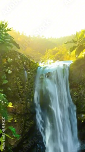 vertical 9:16 A secluded waterfall surrounded by lush greenery and tropical flowers, sunlight streaming through gaps in the dense foliage