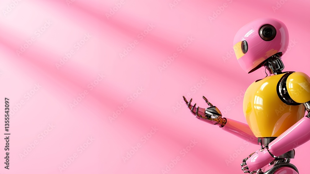 Obraz premium Pink and Yellow Robot Figure Against Soft Pink Background Reaching Out