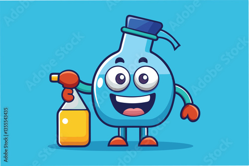 Cheerful blue cleaning bottle character holding a yellow bag and a glass container in a minimal vector style illustration