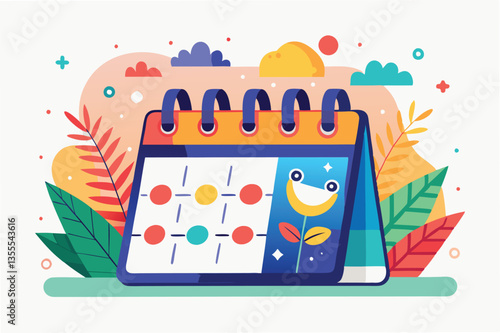 Colorful calendar illustration featuring cheerful characters and vibrant plants in a minimal vector style for engaging daily planning