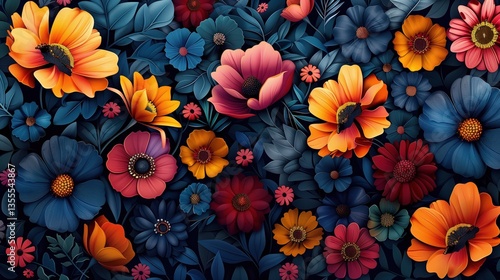 Wallpaper Mural Abstract floral pattern with vibrant flowers on a dark background   Torontodigital.ca