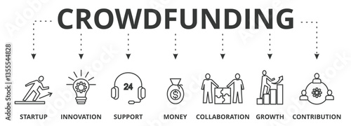Crowdfunding web vector illustration concept with icons of startup, innovation, support, money, collaborative, growth, contribution