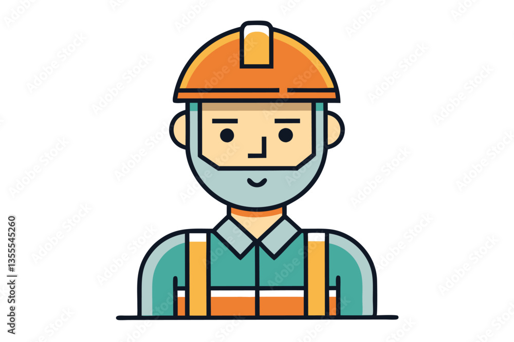 Skilled construction worker with hard hat and friendly smile, ready for work in a minimal vector style illustration Skilled construction worker with hard hat and friendly smile, ready for work in a minimal vector style illustration