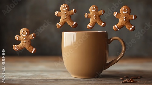 Gingerbread men hover playfully near a warm brown beverage mug