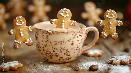Gingerbread cookie characters enjoy a warm beverage in a decorated cup