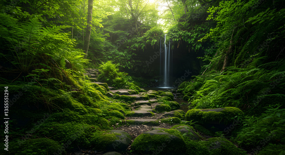 Obraz premium Waterfall in Lush Green Forest with Stone Path Leading the Way
