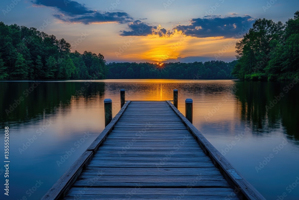 A serene wooden pier extends over a tranquil lake, bathed in the warm glow of sunset. A serene wooden pier extends over a tranquil lake, bathed in the warm glow of sunset.