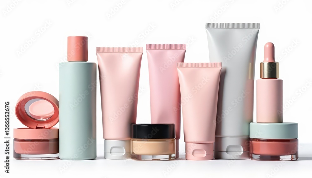 Assortment of cosmetic items, isolated on pure white, beauty, serum, organic Assortment of cosmetic items, isolated on pure white, beauty, serum, organic