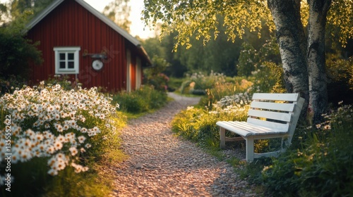 Swedish summer garden with wildflowers, berry bushes, and red cottage near a white bench under birch tree

